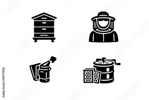 A collection of four white beekeeping icons on a black background, featuring a beehive, a beekeeper in protective gear, a smoker, and a honey extractor with frames.