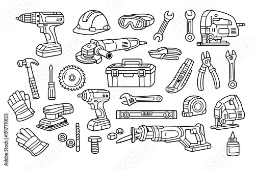 This set of black and white line art icons depicts a variety of construction and carpentry tools, including a drill, hammer, saw, and safety gear, isolated on a black background.