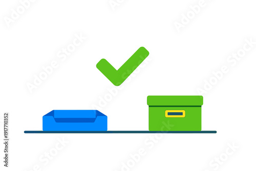 A flat design illustration showing a green checkmark symbol positioned over a blue office tray and a green storage box. The image conveys themes of organization and successful completion.