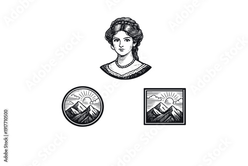 A monochrome woodcut illustration featuring a vintage portrait of a woman positioned above two landscape emblems depicting mountains and a rising sun in circular and square frames.