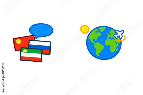 A graphic illustration featuring national flags and a speech bubble alongside a globe with a sun and a plane, symbolizing international travel and multilingual communication.
