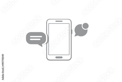 This minimalist graphic features a gray outline of a mobile phone surrounded by two chat bubbles, symbolizing instant messaging and digital communication on a dark background.