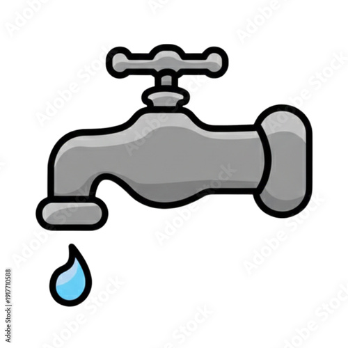 Water Tap Icon with Water Drops (Cartoon Illustration Style)