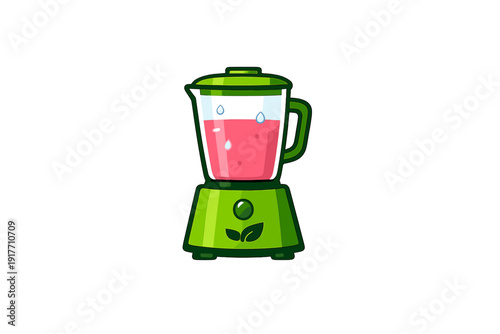This vector illustration shows a green electric blender containing a vibrant pink liquid. The kitchen appliance has a leaf emblem on the front and is isolated on a black background.