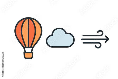 A flat vector illustration featuring an orange and peach hot air balloon next to a light blue cloud and a wind symbol with an arrow, all set against a solid black background.