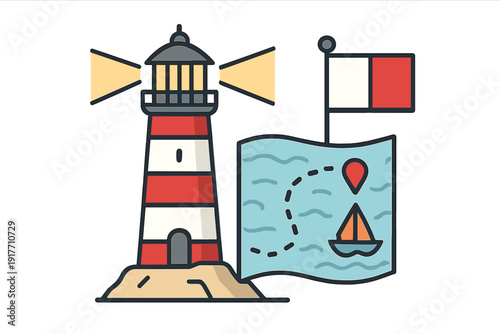 A flat vector illustration featuring a red and white striped lighthouse on a rocky island next to a nautical map with a sailboat, a location pin, and a red and white flag.