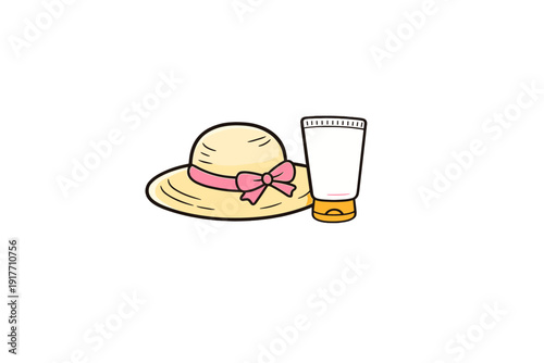A simple cartoon illustration featuring a cream-colored straw hat with a pink ribbon and bow next to a white tube of sunscreen with a yellow cap, set against a solid black background.