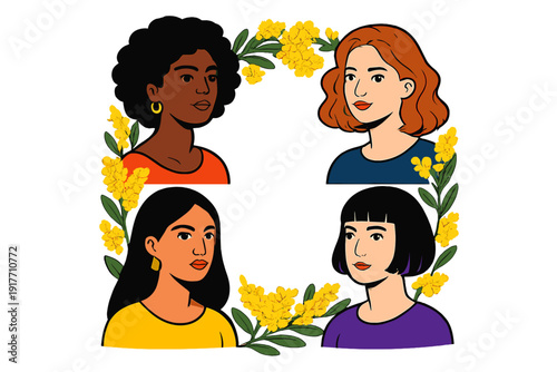 An illustration featuring four diverse women's portraits arranged in a square, framed by yellow mimosa flowers on a black background, celebrating female diversity and unity.