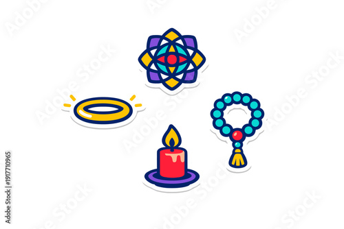 This set of four vibrant stickers includes a geometric floral pattern, a glowing golden halo, a string of blue prayer beads, and a lit red candle, all with white borders.