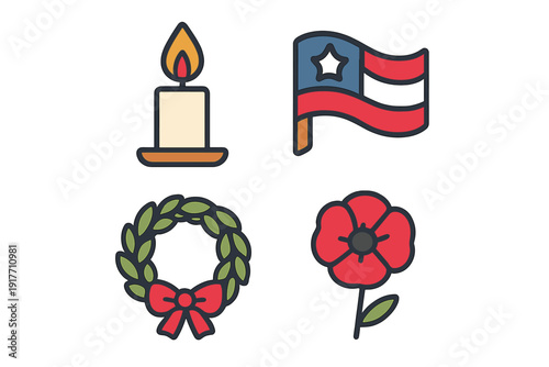 A set of four cartoon icons for Memorial Day featuring a lit candle, a stylized American flag, a green laurel wreath with a red bow, and a red poppy flower on a black background.