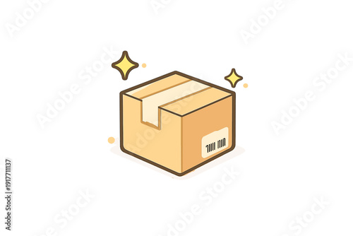 A cartoon illustration of a sealed cardboard shipping box with a barcode label and sparkling stars around it, set against a solid black background in an isometric view.