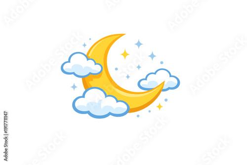 A bright yellow crescent moon sits among fluffy white clouds and twinkling stars on a black background. This clean vector illustration depicts a peaceful night sky scene.