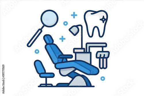 A blue flat vector illustration of a dental office featuring a professional chair, a dentist stool, a lamp, a magnifying glass, and a large tooth icon on a black background.