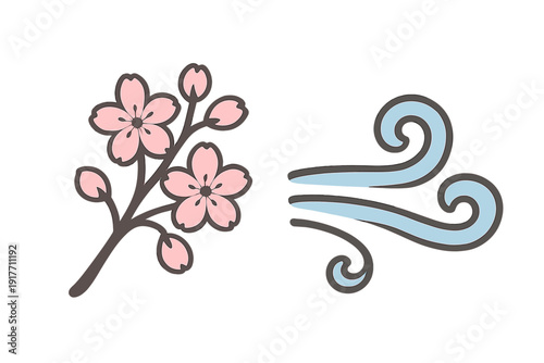 This vector clipart shows a branch of pink cherry blossoms with small buds alongside stylized light blue wind gusts, presented in a simple flat design on a dark background.
