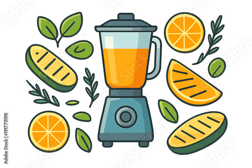 This illustration features a central blender containing orange liquid, accompanied by grilled vegetable slices, citrus fruit, and green leaves against a black backdrop.