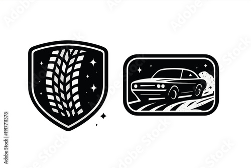 A set of two white automotive icons on a black background featuring a shield with a tire tread pattern and a rectangular badge showing a classic muscle car driving on a road.