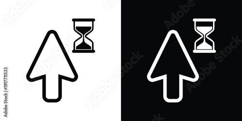 Solid black and white arrow cursor with an hourglass loading symbol. Indicates background processing, waiting time, or system busy status. Professional vector for digital user experience.
