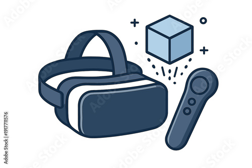 A flat vector illustration of a virtual reality headset and a handheld controller next to a floating three-dimensional cube, all rendered in a monochromatic blue color scheme.