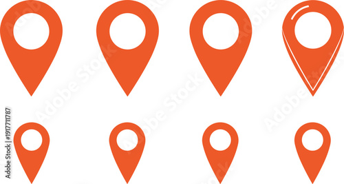 Orange location pin icon set with map marker and GPS navigation point symbols for travel and business vector