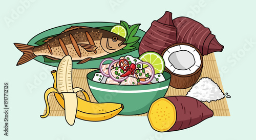 Delicious Tropical Ceviche With Coconut, Fish, Banana, And Sweet Potato