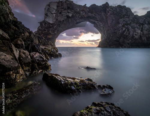 Stone archway over water at dusk, illuminated by the last rays of sunlight