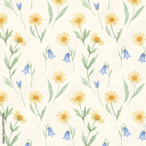 Watercolor Wildflower Seamless Pattern, Yellow Daisies and Blue Bluebells Floral Background for Scrapbooking