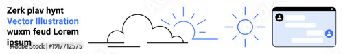 Cloud computing, technology services, data storage, digital applications, weather forecasting, online platforms. Minimalist sun and cloud icons with a digital profile interface. Cloud computing