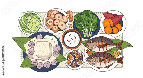 A Korean Meal featuring Fish, Tofu, Vegetables, and Sweet Potatoes