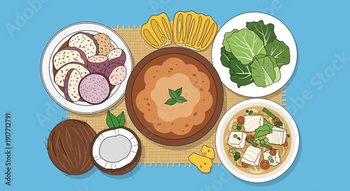 Traditional Filipino Desserts and Savory Dishes With Fresh Ingredients Displayed