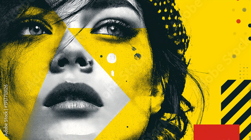 Graphic portrait of a young woman with bold yellow geometric shapes in vibrant pop art style.
