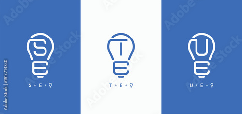 Set of initials letter SE, TE, UE lightbulb shape simple line business logo design concept