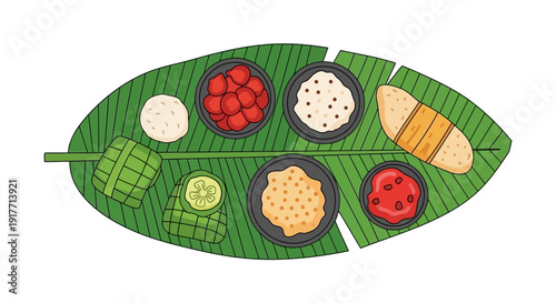 Traditional Indian Food Served on a Banana Leaf With Various Dishes and Accompaniments