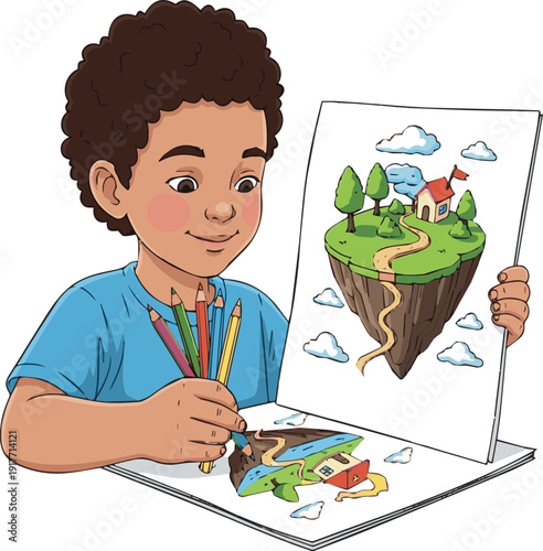 A little child is drawing a 3D picture with colored pencils in hand