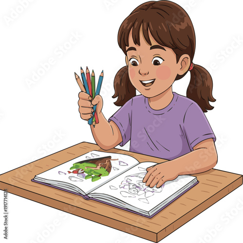 A little child is drawing a 3D picture with colored pencils in hand