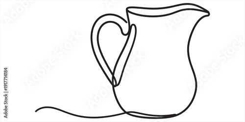 Continuous line drawing of a classic ceramic pitcher with a handle and spout on white background Vector, illustration