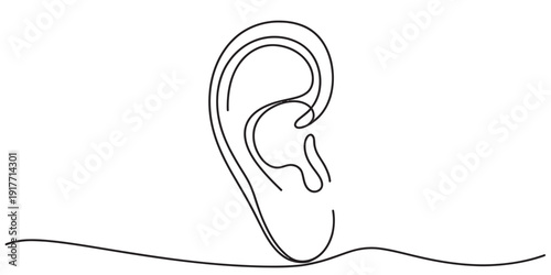 ear, hearing, sound, listen, organ, anatomy, body, human, line, drawing, art, minimalist, continuous, sketch, illustration, outline, simple, black, white, background, contour, auditory, sense, health,