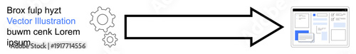 Business automation, software integration, workflow management, productivity tools, system optimization, process design. Gears connected to an arrow pointing at an application interface. Workflow