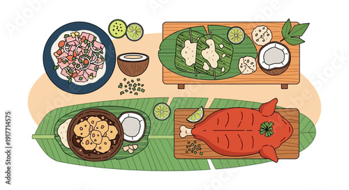 Hawaiian Feast Traditional Food Platter with Tropical Fruits and Cuisine