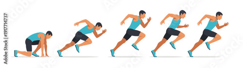 An illustration shows a runner in a sequence of starting positions, running from a crouch into a full sprint. Depicts motivation, achievement, and sports themes.