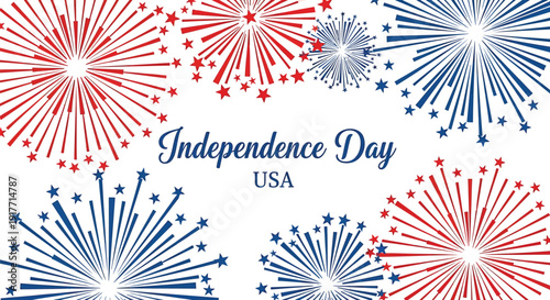 Independence Day USA icon collection. Includes patriotic firework symbols. Created in colorful vector style with red, white, and blue palette