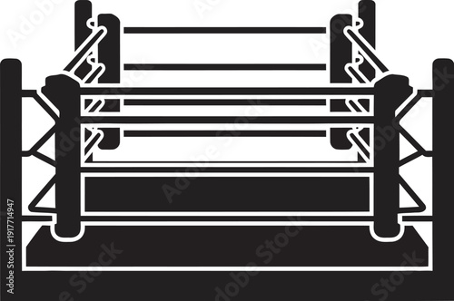 Striking black and white boxing ring silhouette vector. Perfect for combat sports branding, MMA logos, tournament graphics, and wrestling apparel designs. Professional high-quality flat icon.