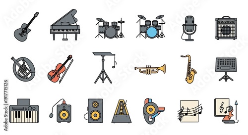 Harmonious Glyph Musical Instruments and Band Equipment Icon Set. transparent.