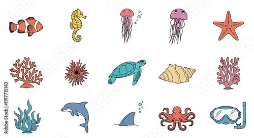 Illustrating Diverse Marine Life and Coral Reef with Aquatic Outline Icons. transparent.