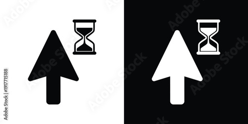Solid black and white arrow cursor with an hourglass loading symbol. Indicates background processing, waiting time, or system busy status. Professional vector for digital user experience.
