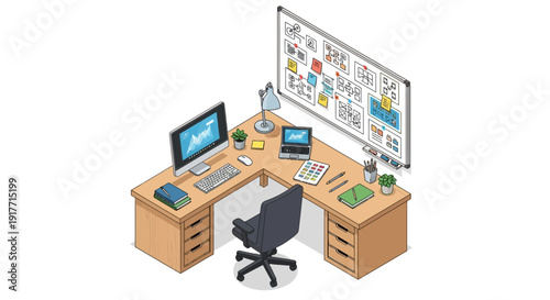 Isometric Illustration of Designer's Desk with Whiteboard Illustrating Creative Process. transparent.