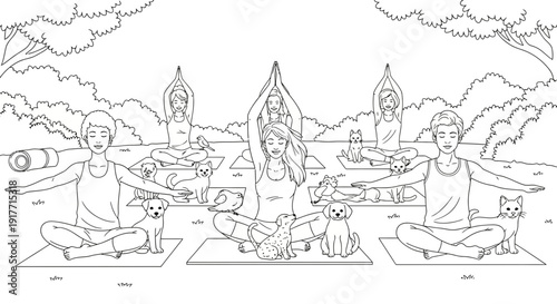 Outdoor Yoga Class with Various Pets, Nature Lovers Coloring Activity Page. transparent.