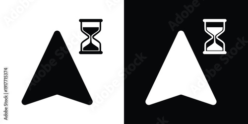 Solid black and white arrow cursor with an hourglass loading symbol. Indicates background processing, waiting time, or system busy status. Professional vector for digital user experience.