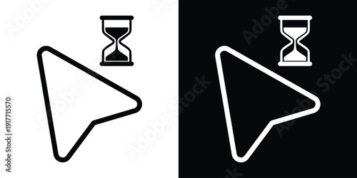 Solid black and white arrow cursor with an hourglass loading symbol. Indicates background processing, waiting time, or system busy status. Professional vector for digital user experience.