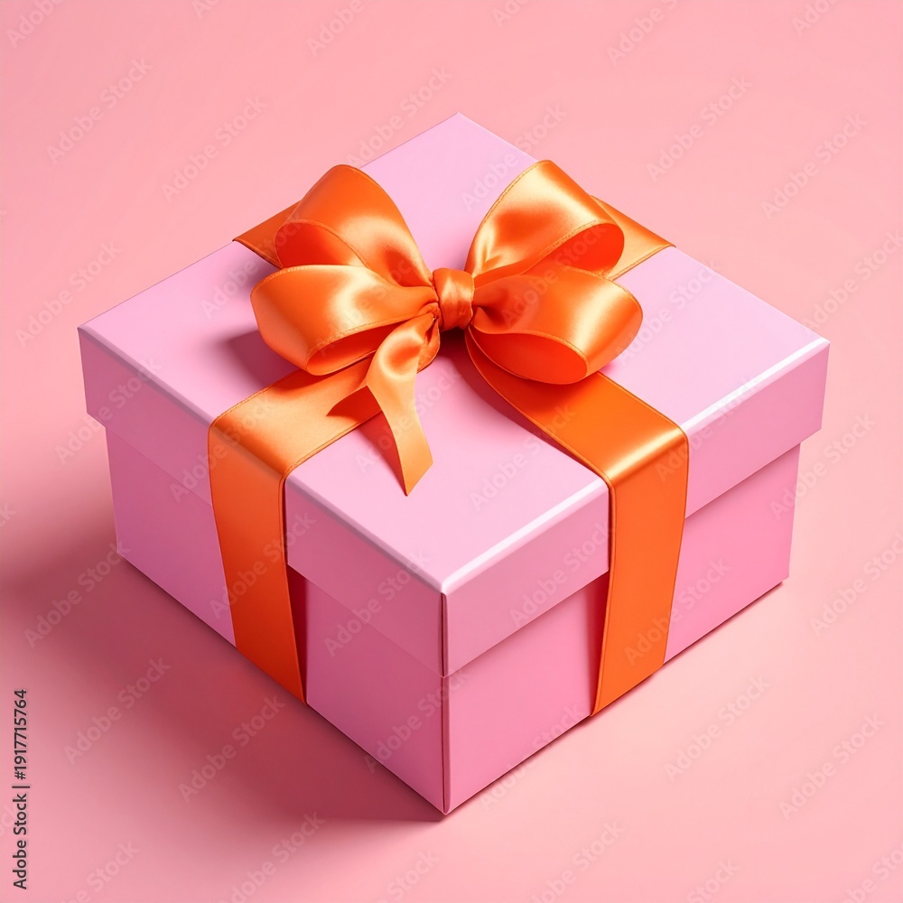 Obraz premium Square pink gift box with a bright orange ribbon and bow on a matching pink background