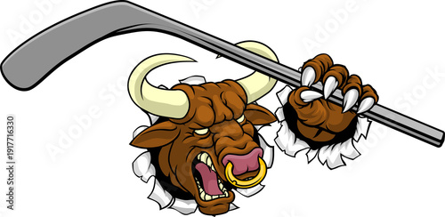 Photography A bull or Minotaur monster longhorn cow angry mean ice hockey mascot cartoon character